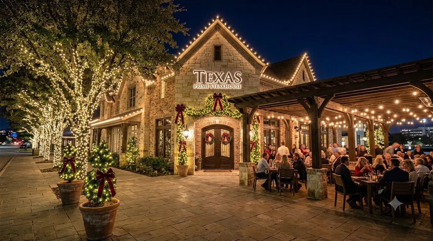 Restaurant storefront and patio decorated with professional holiday lighting
