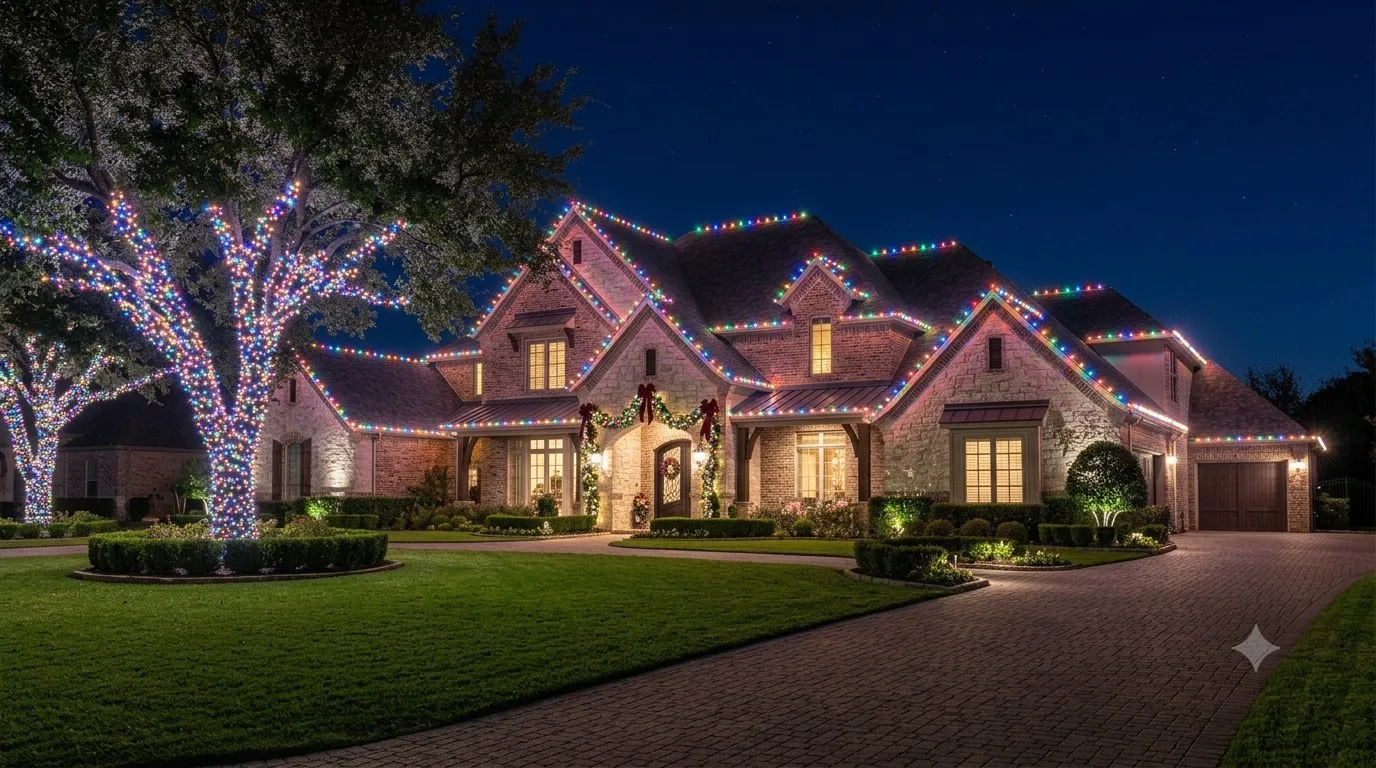 Brick home with multicolor C9 roofline lights and multicolor-wrapped trees
