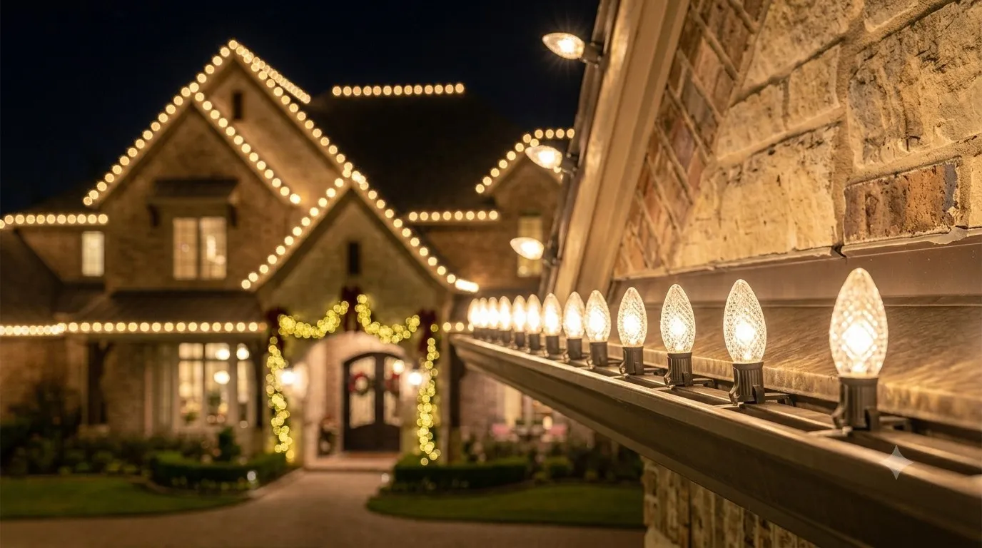 Close-up of warm white C9 bulbs in a straight line along a gutter edge