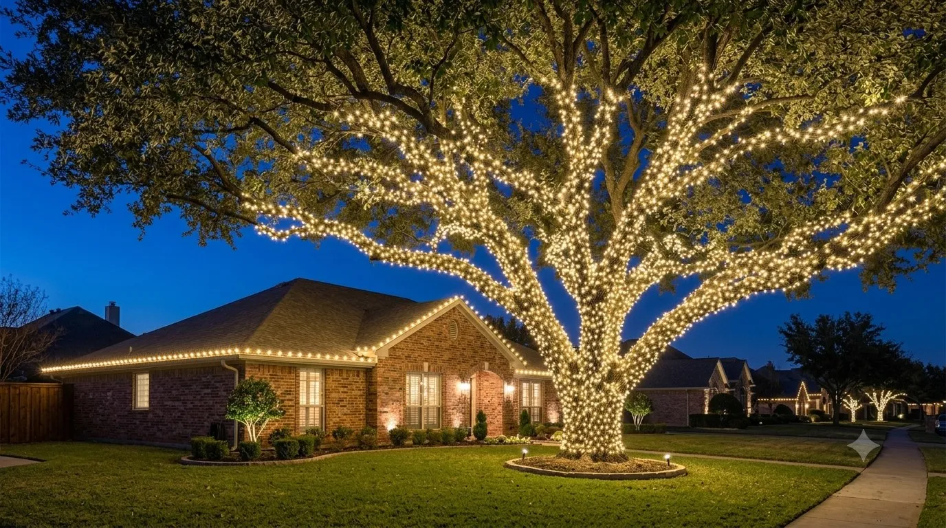 Large live oak with trunk and branches wrapped in warm white mini lights in front of a ranch home